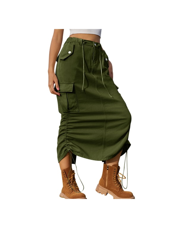Denim Skirt For Women Drawstring Cargo High Waist Long Skirt Knee Length Side Split Denim Skirts With Cargo Pockets