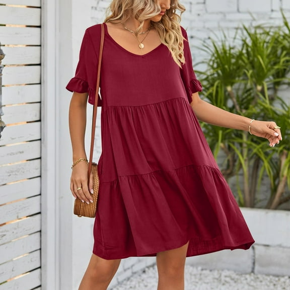 Tumotour Doll Dress for women Summer Casual Pleated Flowy Swing Short Sleeve V Neck Mini Dress Solid Color Three-Layer Pleated Dress