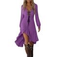 thumbnail image 1 of Tumotour Fall Dress for Women's Irregular Ruffled Hem Mid-Length Dress Lace Up V-Neck Long Sleeve Flowy Pleated A-Line Tunic Dress,Gothic Style Halloween Costumes, 1 of 8