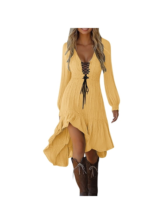 Fall Dress for Women's Irregular Ruffled Hem Mid-Length Dress Lace Up V-Neck Long Sleeve Flowy Pleated A-Line Tunic Dress,Gothic Style Halloween Costumes