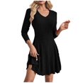 thumbnail image 1 of Tumotour Fall Mini Dresses For Women Ribbed Knitted Sweater Dress Solid Color Ruffle A-Line Dress Crew Neck Long Sleeve Pullover Tunic Dress, 1 of 8