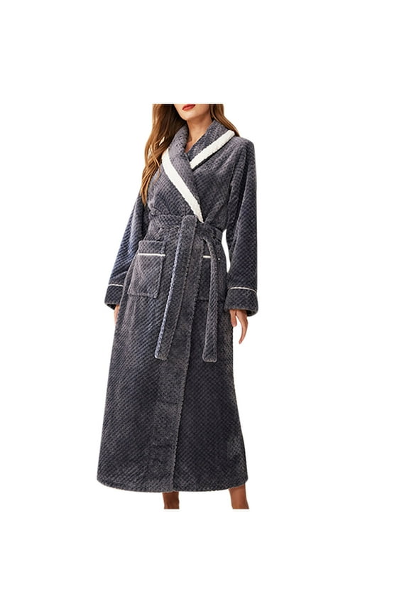 Fleece Robes For Women Flannel Beibei Velvet Splicing Contrast Plush Soft Warm Belt Fashion Plaid Nightwear Pockets Casual Color Block Soft Textured Nightgown