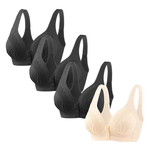 Tumotour Front Open Bras For Women Button No Steel Ring Lace Pattern Wirefree Closeure Nursing Middle-Aged And Elderly Underwear Solid Color Oversized Push Up Lactation Open Seamless Daily Bra 4Pcs
