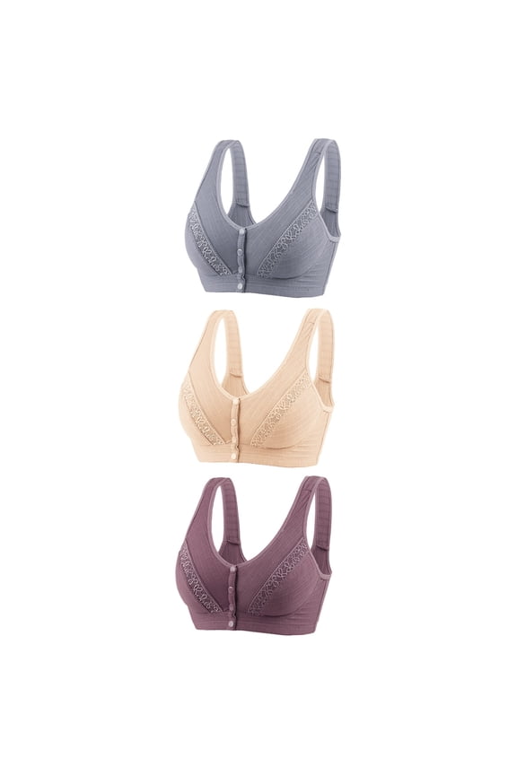 Front Open Bras For Women Full Coverage Wirefree Bra Button Closeure Bra For Mom Gift Nursing Underwear Bra Non Steel Ring Movement Seamless Gathering Adjustment Yoga Sleep Large Bra 3Pcs