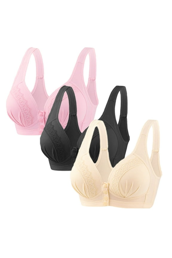 Front Open Bras For Women Full Coverage Wirefree Bra Button Closeure Bra For Mom Gift Nursing Underwear Bra Non Steel Ring Underwear With Thin Cup Adjustable Lace Women Daily Bras 3Pcs