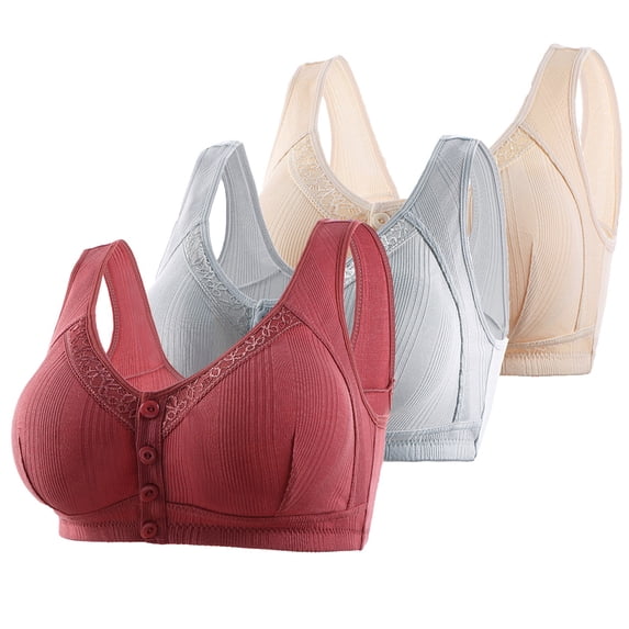Tumotour Front Open Bras For Women Full Coverage Wirefree Bra Button Closeure Bra For Mom Gift Nursing Underwear Stripe Printing Bra Buckle Daily Underwear 3Pcs
