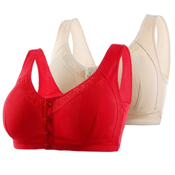 Tumotour Front Open Bras For Women Wirefree Button Non Steel Ring Hoop Gathered Breathable Nursing Underwear Solid Color With Thin Cup Adjustable Lace Pattern Women Daily Bras 2Pcs