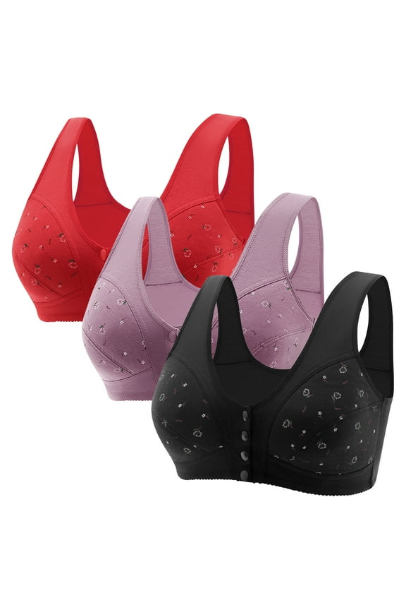 Front Open Bras For Women Button No Steel Ring Wirefree Printed Closeure Nursing Middle-Aged And Elderly Underwear Oversized Push Up Wire Free Bras Comfy Soft Cotton Daily Bras 3Pcs