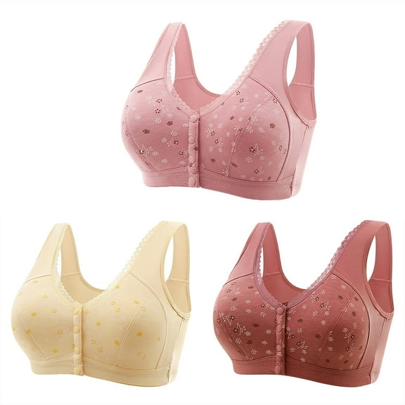 Tumotour Front Open Bras For Women Button No Steel Ring Wirefree Printed Lace Edge Closeure Nursing Middle-Aged And Elderly Underwear Oversized Push Up Wire Free Bras Comfy Soft Cotton Daily Bras 3Pcs