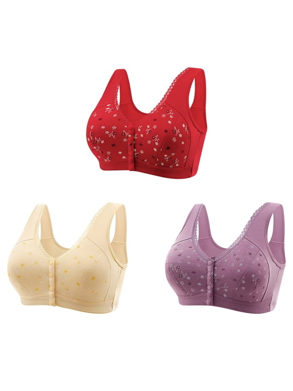Front Open Bras For Women Button No Steel Ring Wirefree Printed Lace Edge Closeure Nursing Middle-Aged And Elderly Underwear Oversized Push Up Wire Free Bras Comfy Soft Cotton Daily Bras 3Pcs