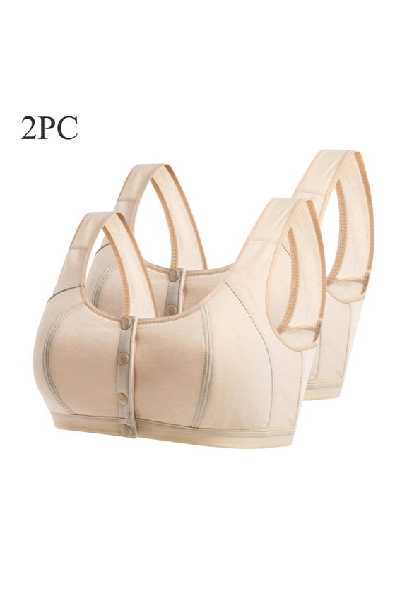 Front Open Bras For Women Snap Button Non Steel Ring Breathable Gathering Secondary Breast Underwear Solid Color Comfortable U-Shaped Back Cotton Soft Women Daily Bras 2PCS
