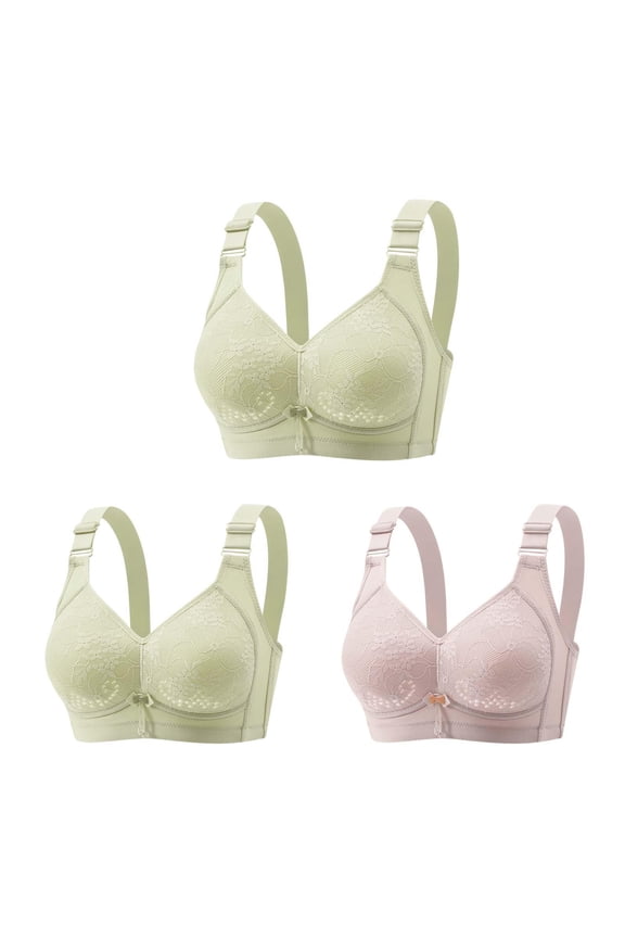 Full Coverage Bras For Women Adjustable Straps Lace Pattern Wireless Non-Steel Ring Push Up Breathable Bralette Underwear Plus Size Back Buckle Soft Comfortable Breastplate Underwear 3Pcs