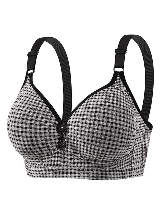Full Coverage Bras For Women Adjustable Straps Plaided Wireless Non-Steel Ring Push Up Breathable Basic Bralette Underwear Plus Size Back Buckle Soft Comfortable Breastplate Underwear