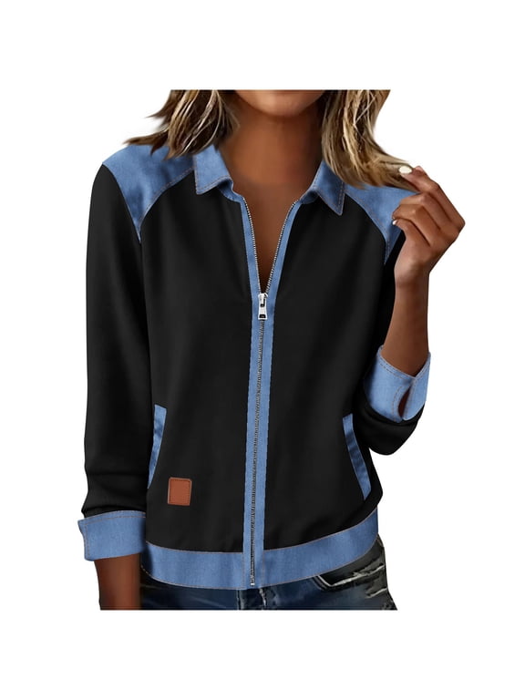 Full Zip Up Sweatshirt for Women Lapel Denim Patchwork Stitching Fall Tunic Blouses Solid Casual Long Sleeves Athletic Sweatshirt Cardigan