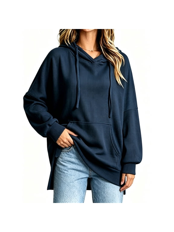 Hooded Sweatshirts for Women's Solid Color Drawstring Oversized Sport Long Sleeve Pullover Tops Casual Hooded Side Split Fall Tunic Blouses with Pocket