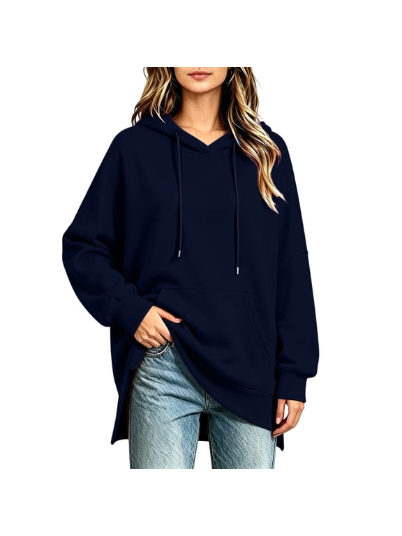 Hooded Sweatshirts for Women's High Low Oversized Sport Pullover Long Sleeve Tops Side Split Fall Tunic Blouses