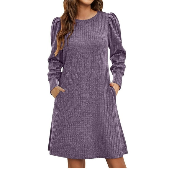 Tumotour Knee-Length Dress For Women Casual Loose Solid Color Puff Long Sleeve Crew Neck Pleated Pockets Knitted Pit Strip A-Patchwork Slim Fit Dress