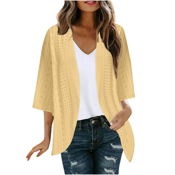 Tumotour Lightweight Cardigans For Women 3/4 Length Sleeve Hollow Out Eyelet Embroidery Tops 2024 Summer Fall Trendy Casual Solid Color Loose Open Front Cardigan Jackets