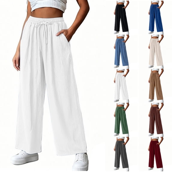 Tumotour Linen Pants for Women Plus Size Athletic Workout Running Slacks Drawstring Pocket Wide-Leg Pants Summer Beach Trousers