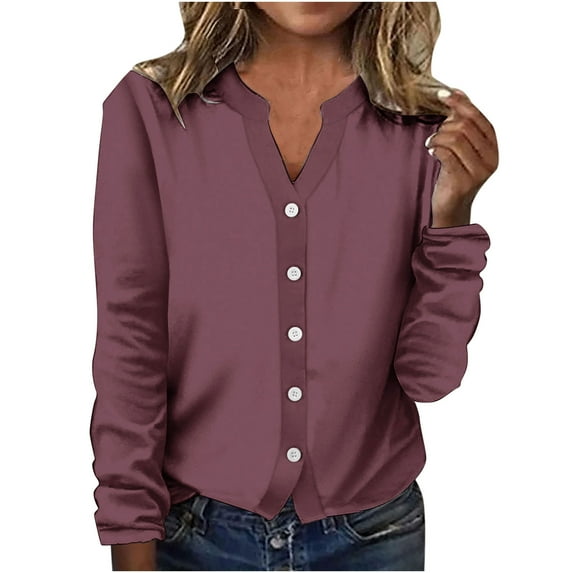 Tumotour Long Sleeve Tops For Women Button Down Shirts V Neck Open Front Thin Style Solid Color Casual 2024 Trendy Tops