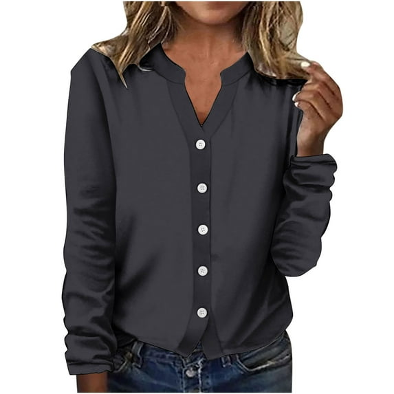Tumotour Long Sleeve Tops For Women Button Down Shirts V Neck Open Front Thin Style Solid Color Casual 2024 Trendy Tops