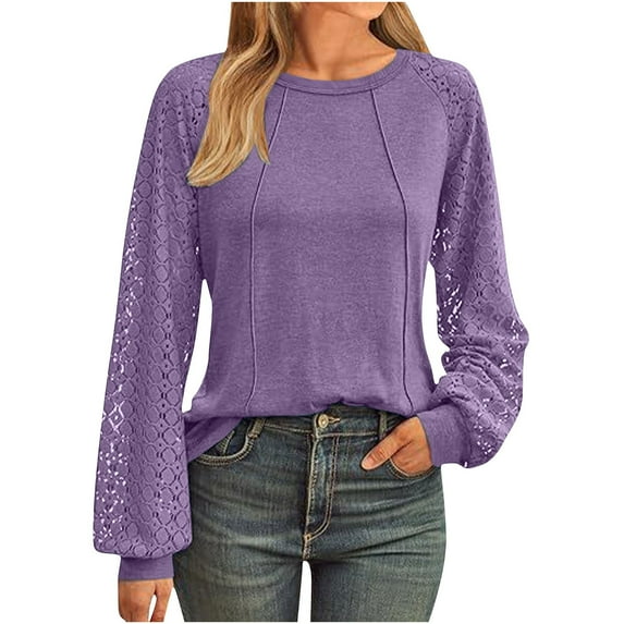 Tumotour Long Sleeve Tunic Tops for Women Women's New Lace Sleeve Round Neck Cover Line Solid Color Casual Blouse