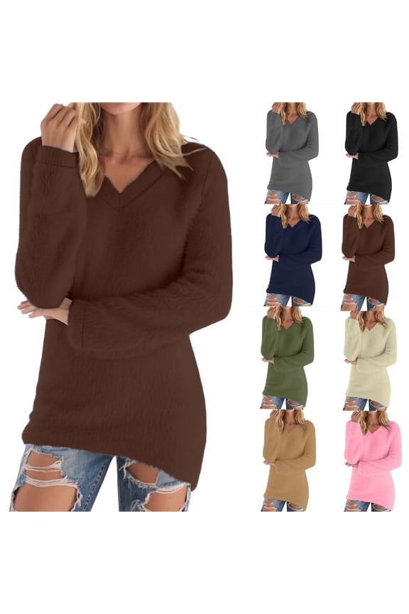 Gswybco Long Thermal Sweaters For Women For Leggings Dressy Solid Color V-Neck Long Sleeve Fall Tunic Blouse Winter Shirt Warm Pullovers Sweater