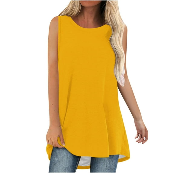 Tumotour Long Tunic Tops for women Casual Loose Fit Solid Color Round-Neck Sleeveless T Shirt Casual Tank top Blouse to Wear with Leggings