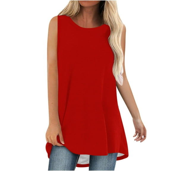 Tumotour Long Tunic Tops for women Casual Loose Fit Solid Color Round-Neck Sleeveless T Shirt Casual Tank top Blouse to Wear with Leggings