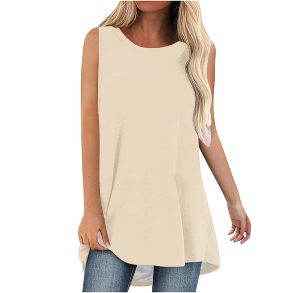 Tumotour Long Tunic Tops for women Casual Loose Fit Solid Color Round-Neck Sleeveless T Shirt Casual Tank top Blouse to Wear with Leggings