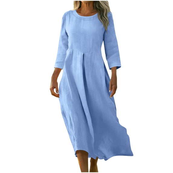Tumotour Maxi Dress for Women Long Sleeve Crew Neck Fall Tunic Dress Loose Long Dress Linen Dress With Pocket