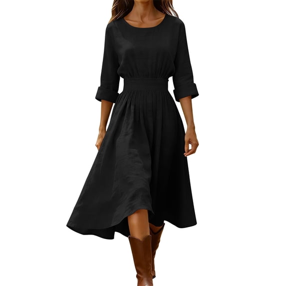 Tumotour Maxi Dress for Women Summer Linen Dress Elbow Length High Waist Ruched A-Line Dress