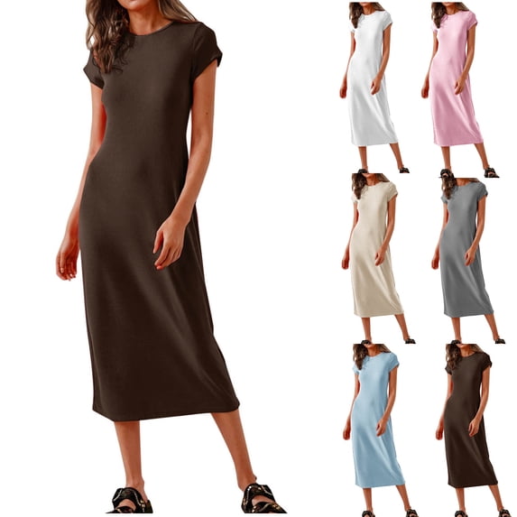 Tumotour Maxi Dress for Women T-Shirt Dress Women's Casual Round Neck Solid Color Long DressShort Sleeve Round-Neck Dress