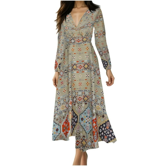 Tumotour Maxi Dresses For Women Printed V Neck Long Sleeve High Waist Temperament Dress 2024 Summer Fall Casual Fashion Comfy Loose Skirts