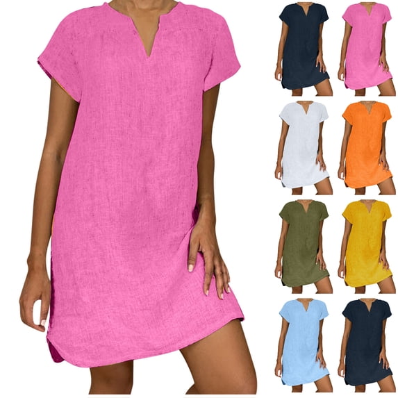 Tumotour Midi Dress For Women Cotton Linen V-Neck Short Sleeve T-Shirts Dress Casual Solid Color 2024 Loose Beach Vacation Sundress