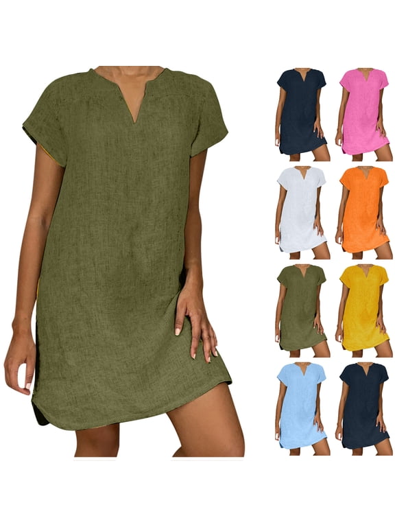 Midi Dress For Women Cotton Linen V-Neck Short Sleeve T-Shirts Dress Casual Solid Color 2024 Loose Beach Vacation Sundress
