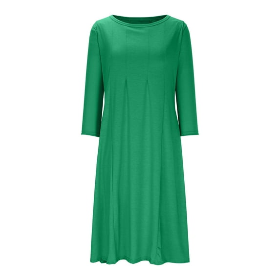 Tumotour Midi Dresses For Women Crew Neck Long Sleeve Wrap Flared Pleated A Line Swing Dress Casual Solid Color Church Cocktail Wedding Guest Midi Long Dress