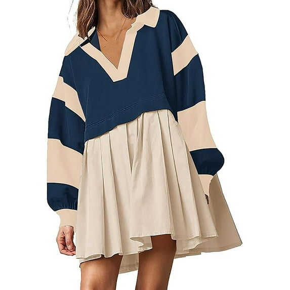 Tumotour Mini Dress For Women Casual Loose Striped Patchwork Color Block Long Sleeve Lapel V Neck Pleated Oversized Slim Fit Sweatshirt Dress