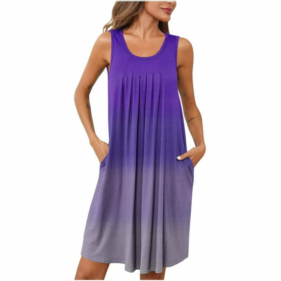 Tumotour Nightdress For Women Pockets Crew Neck Sleeveless Wide Strap Sleep Shirt Pleated Crew Neck Nightshirt Casual Gradient Color Loose Comfortable Long Pajama Dress