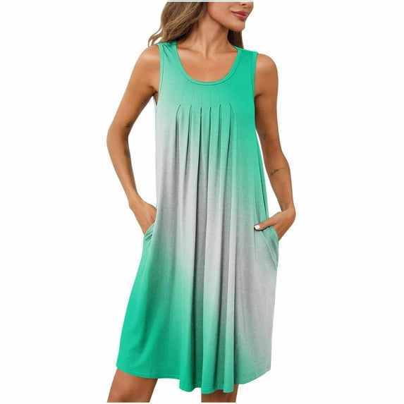 Tumotour Nightdress For Women Pockets Crew Neck Sleeveless Wide Strap Sleep Shirt Pleated Crew Neck Nightshirt Casual Gradient Color Loose Comfortable Long Pajama Dress
