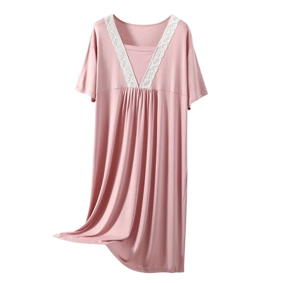 Tumotour Nightgowns For Women Short Sleeve Nightgowns Soft Casual Sleepshirts Solid Color Home Clothes V Neck Pajamas Loungewear Lace Short Sleepwear Dress