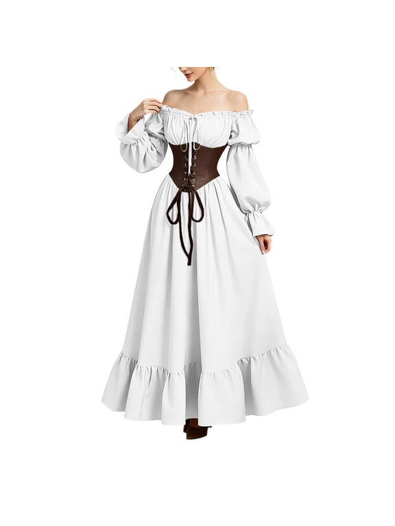 Off The Shoulder Dress for Ladies Long Sleeve Gothic Court Style Strapless Maxi Dress Ruffle Pleated Corset A-Line Party Dress