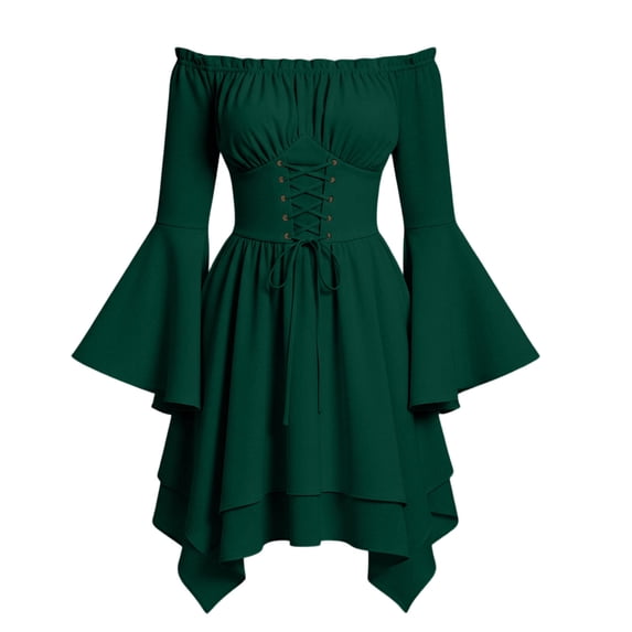 Tumotour Off The Shoulder Dress for Women Halloween Gothic Court Style Mini Dress Irregularly Hem Corset Costume Batwing Sleeves Dress