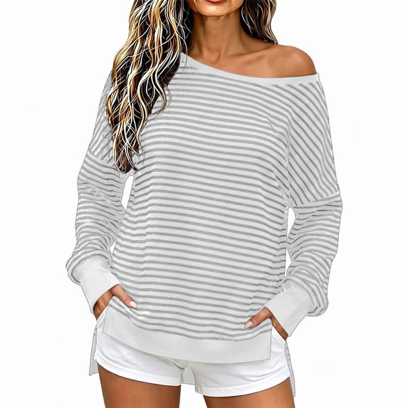 Tumotour Off The Shoulder Sweatshirts for Women's Plus Size Striped Sport Long Sleeve Pullover Tops Fall Tunic Blouses
