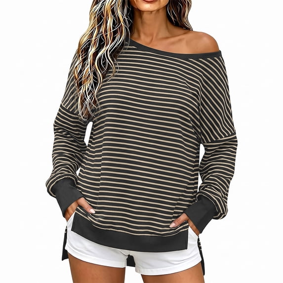 Tumotour Off The Shoulder Sweatshirts for Women's Plus Size Striped Sport Long Sleeve Pullover Tops Fall Tunic Blouses