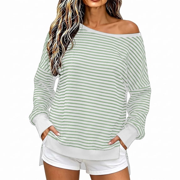 Tumotour Off The Shoulder Sweatshirts for Women's Plus Size Striped Sport Long Sleeve Pullover Tops Fall Tunic Blouses