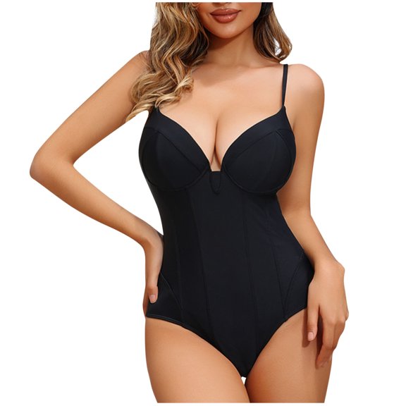 Tumotour Swimsuit For Women Breast Pad Without Steel Support Belly Cover Slimming Deep V Ruched Tummy Control Bathing Suit Casual Backless Cheeky Swimwear Semi Thong Bikini