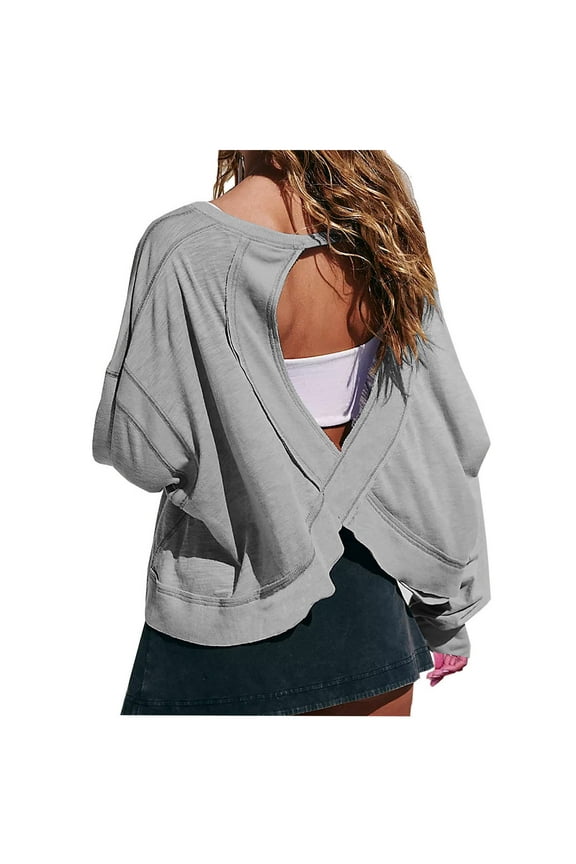Open Back Workout Tops For Women Backless Long Sleeve Crew Neck Criss Cross Cut Out Tops Casual Solid Color Loose Gym Running Yoga Tops