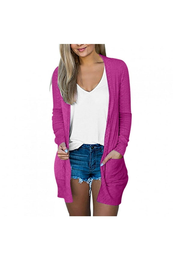 Open Front Cardigans For Women Long Sleeve Breathable Mesh Crew Neck Jackets Pockets Casual Solid Color Lightweight Slim Fit Outwear Coat