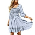 thumbnail image 1 of Tumotour Oversized Dress For Women Square Neck Open Back Lace-Up Medium Sleeve Shirred Ruffle Flared Flowy Summer Mini Dress, 1 of 3